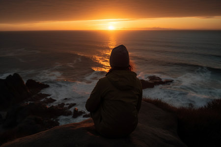 Woman sitting on the cliff and watching the sunset over the ocean.の素材
