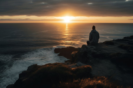 Man meditating on the edge of a cliff overlooking the ocean at sunsetの素材