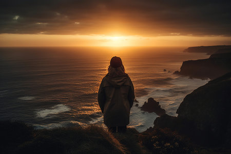 Beautiful sunset over the ocean with a woman standing on the cliffの素材