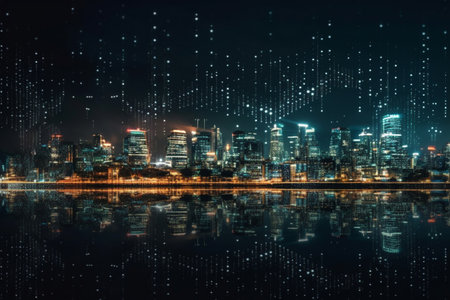 Futuristic cityscape with digital binary code. 3d renderingの素材