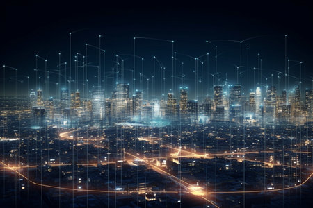Digital connection lines on night city background. Technology concept. 3D Renderingの素材