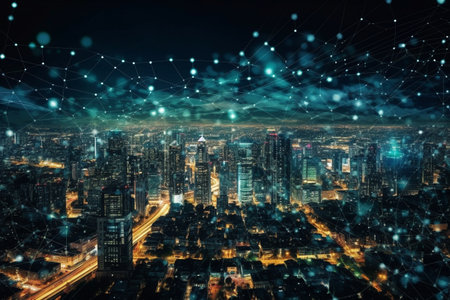 Modern cityscape with wireless network connection concept. 3D Renderingの素材