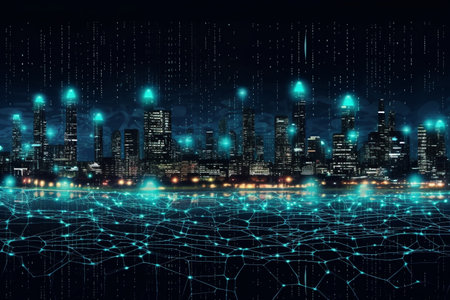 Night cityscape with glowing lights and binary code. 3D renderingの素材