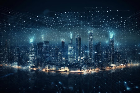 Modern cityscape with glowing lights and digital interface. 3D Renderingの素材