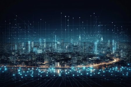 Abstract city background with connection lines. Technology concept. 3D Renderingの素材