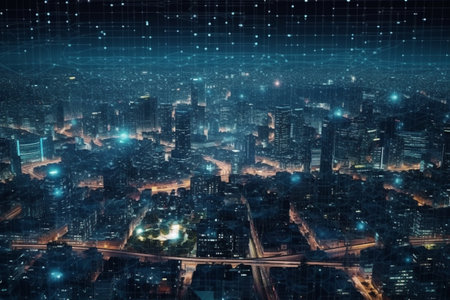 Night city with lights and traffic. Technology concept. 3D Renderingの素材