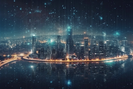 Double exposure of modern cityscape and network connection. Business concept.の素材