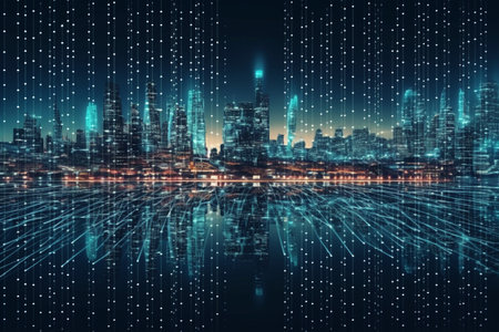Abstract night city with digital binary code. Technology concept. 3D Renderingの素材