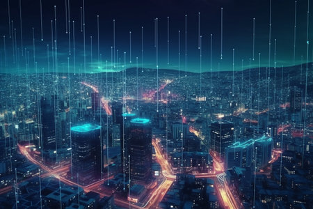 Futuristic cityscape at night with glowing lights. 3D Renderingの素材