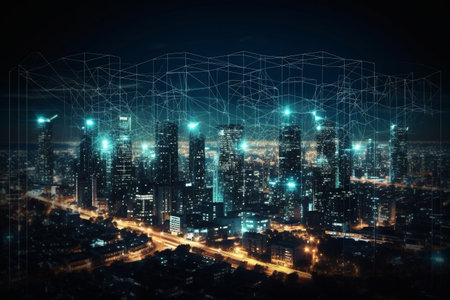 Modern cityscape and network connection concept on dark background. Mixed mediaの素材