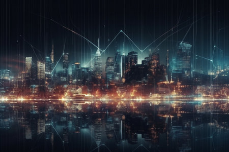 Double exposure of night cityscape and financial chart. Concept of stock market analysis.の素材