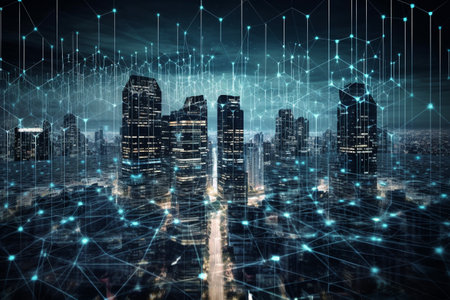 Modern cityscape and network connection concept on dark background. Mixed mediaの素材
