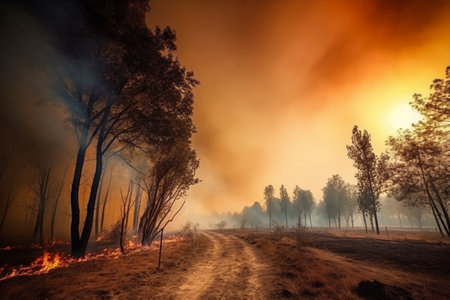 Forest fire, burning dry grass and trees in the field, natural disasterの素材