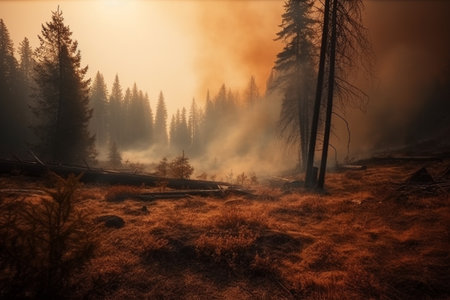Forest fire in the Ukrainian Carpathian Mountains. Foggy morningの素材