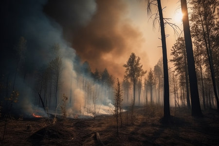 Forest fire. Burning dry grass and trees in the forest after wildfire.の素材