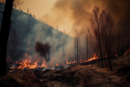 Forest fire. Burning dry grass in the forest. Wild nature.の素材
