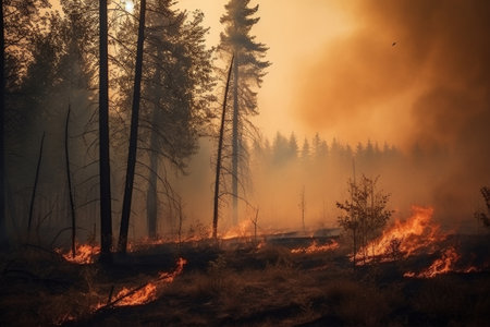 Forest fire in the forest. Burning dry grass and trees in the foreground.の素材