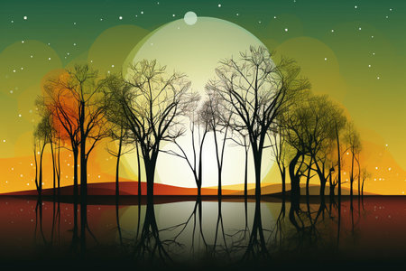 Winter landscape with trees and lake in the evening. Vector illustration.の素材