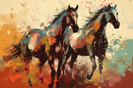 Horses running on colorful watercolor background. Horse silhouettes.の素材