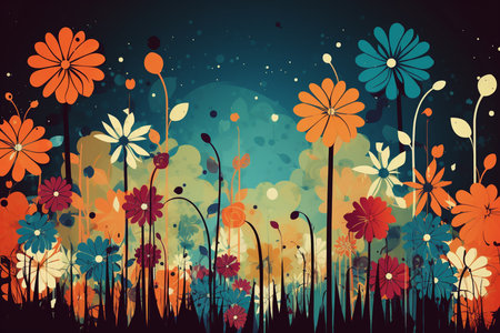 abstract floral background with flowers and grass in grunge style, vector illustrationの素材