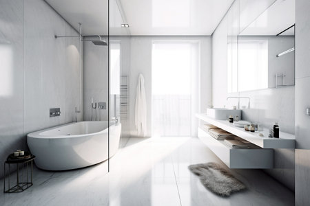 Interior of modern bathroom with white walls, tiled floor, comfortable white bathtub and double sink. 3d renderingの素材