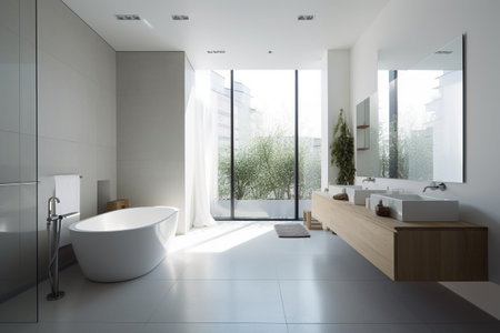 interior of modern bathroom with white walls, tiled floor, comfortable bathtub and double sinkの素材