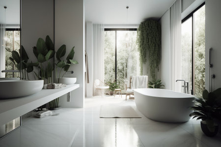 Interior of modern bathroom with white walls, tiled floor, comfortable white bathtub and green plants. 3d renderingの素材