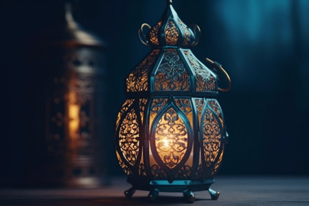 Decorative Arabic lantern on wooden background. Ramadan Kareem concept.の素材