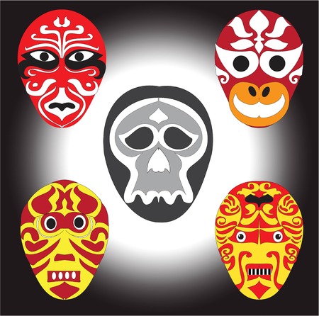 Ancient Asian style masks and skull vector logo pictureのイラスト素材