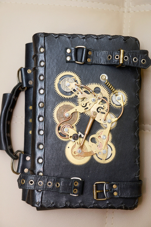 Handcrafted leather bag with metall Steampunk mechanismの写真素材