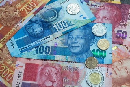 South African Rand currency and coins backgroundの写真素材
