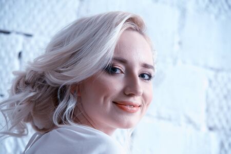 Closeup portrait of a young beautiful woman faceの写真素材