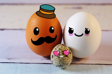 Kawaii family of different color eggs and a misc baby egg like multi ethnic familyの写真素材