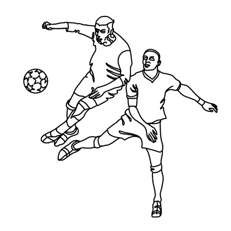 Two footballers are fighting for the ball. One player makes a tackle, the second jumps.のイラスト素材