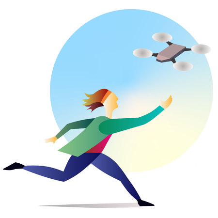 Young man running with drone in skyのイラスト素材