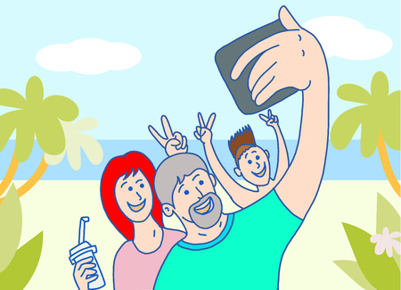 Happy family makes selfie on beach side vacation timeのイラスト素材