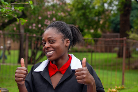 Smiling Maid Giving Thumbs Up Outdoorsの写真素材