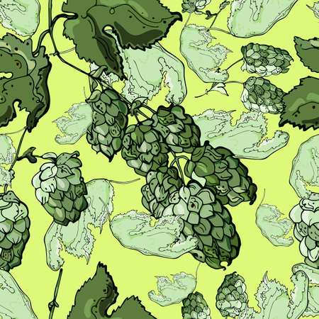 Seamless pattern with hop leaves and bloom on yellow.の写真素材