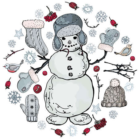 Set of winter time symbols: snowman, birds, berries, knitwear, snowflakes. Isolated on white for design, holiday prints.のイラスト素材