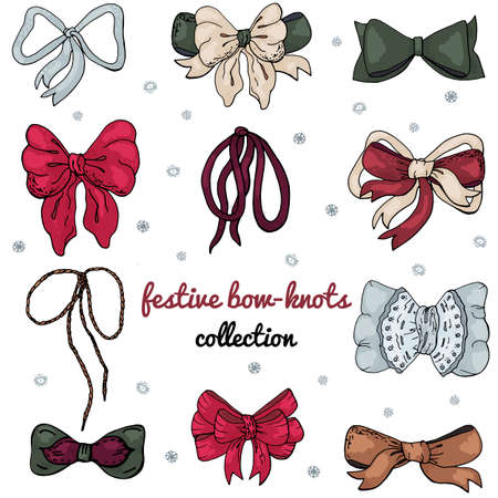 Festive winter bow-knots collection in red, gold, gray and green isolated on white for custom design. Vintage style. Pacifico OFL font is used.のイラスト素材