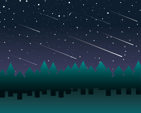 Starry sky and meteor shower in a pine trees fores draw