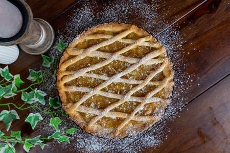 Delicious apple pie on wood table background.の写真素材