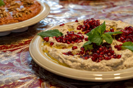 Baba Ghanoush or Baba Ghanoush, salad dip made of eggplant and liquid flour and an appetizer. horizontal top viewの写真素材