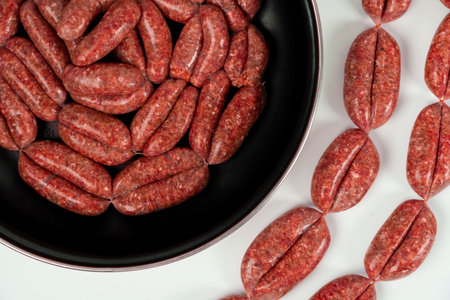 Raw homemade sausages close-up isolate in a cooking pan on a white backgroundの写真素材