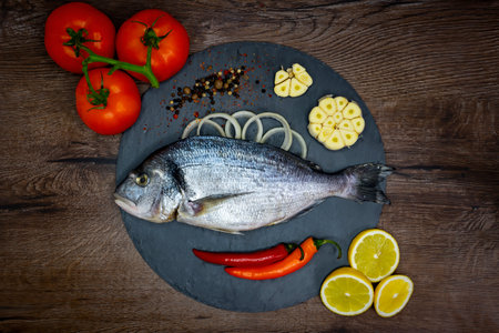 Mahi-mahi or widely called dorado fish row, top view.on black cutting board and a wooden table.の写真素材