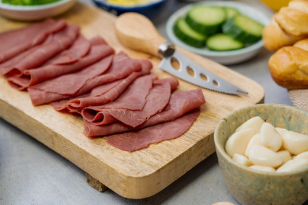 Sliced Pastrami  Romanian variant of the Turkish pastÄ±rma usually made from beef brisket.の写真素材