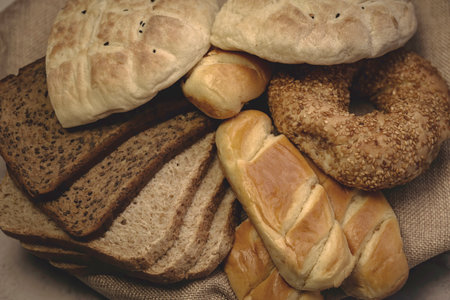 Variety of bread put together in a pile. Close-up . Selective focusの写真素材