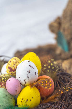 Easter  candy eggs in different colors in nest Easter holiday candy concept.