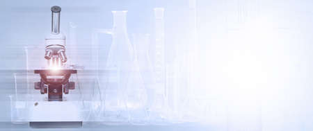 Banner of Science Microscope in laboratory. Medical health technology and pharmaceutical research and development concept.の写真素材