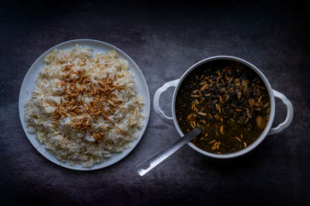 Spinach  or Sabanekh with chicken a Mediterranean dish served with riceの写真素材